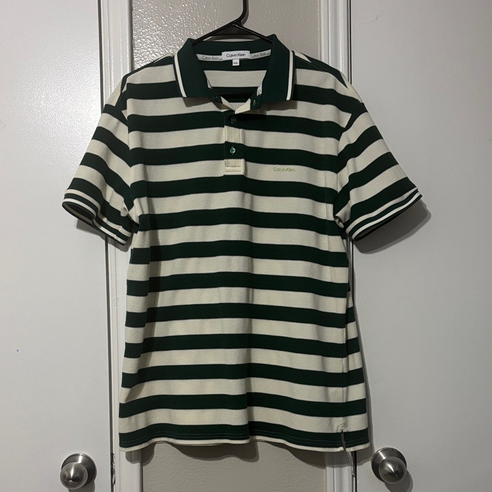 Calvin Klein Men's Polo Shirt with Green and White Stripes